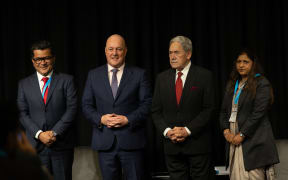 Pabitra Margherita (right) with New Zealand Prime Minister Christopher Luxon, Foreign Minister Winston Peters, and Indian High Commissioner Neeta Bhushan at the India New Zealand Business Council’s summit in Auckland on Friday.