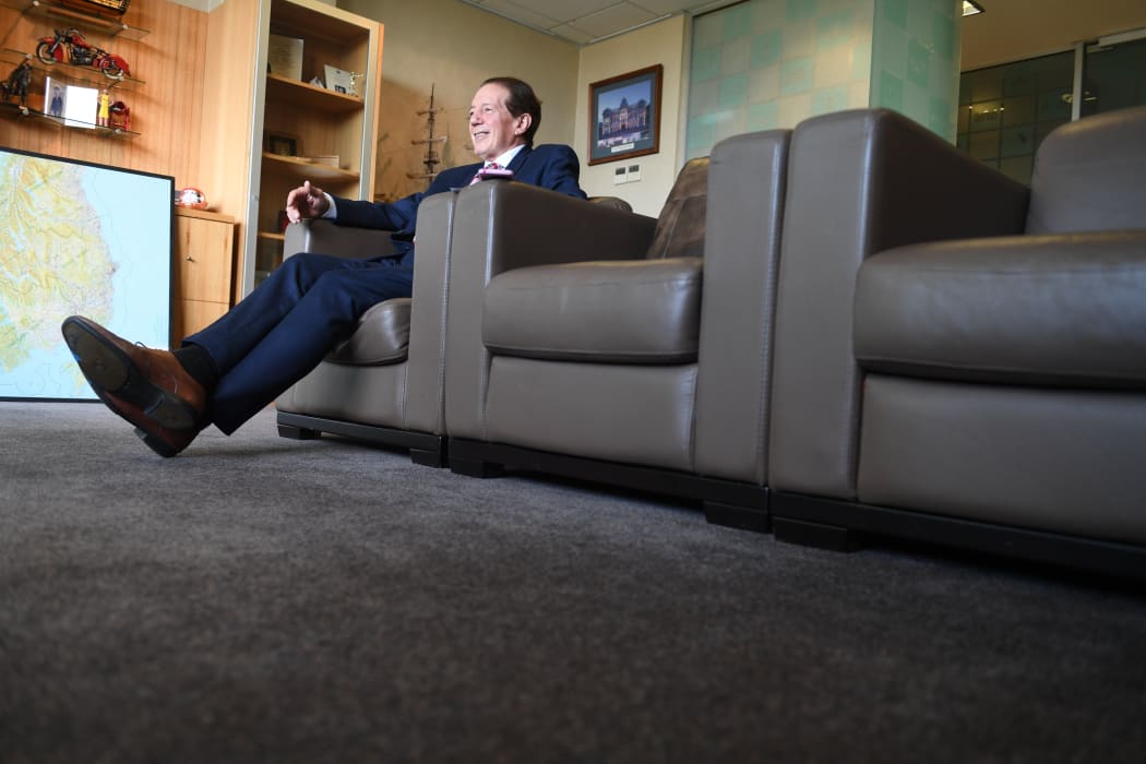 Invercargill Mayor Sir Tim Shadbolt reclining in his mayoral office in 2020.