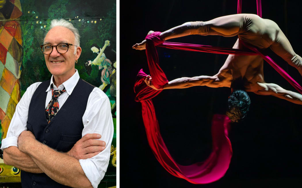 A composite image showing David Bates on the left, wearing a white shirt, black pinstripe vest and colourful tie; and an aerial silks performer on the right, flexing suspended upside-down in long red silks.