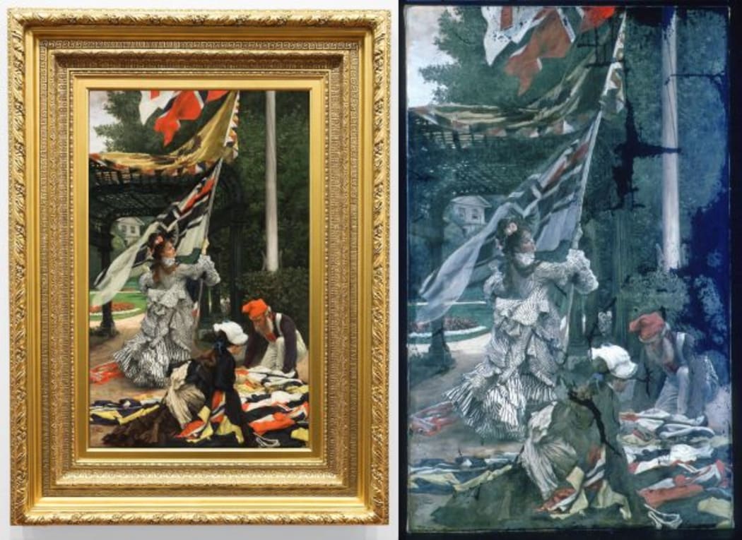 Left: The restored painting. Right: The restored canvas under ultraviolet light, with the damage still visible.