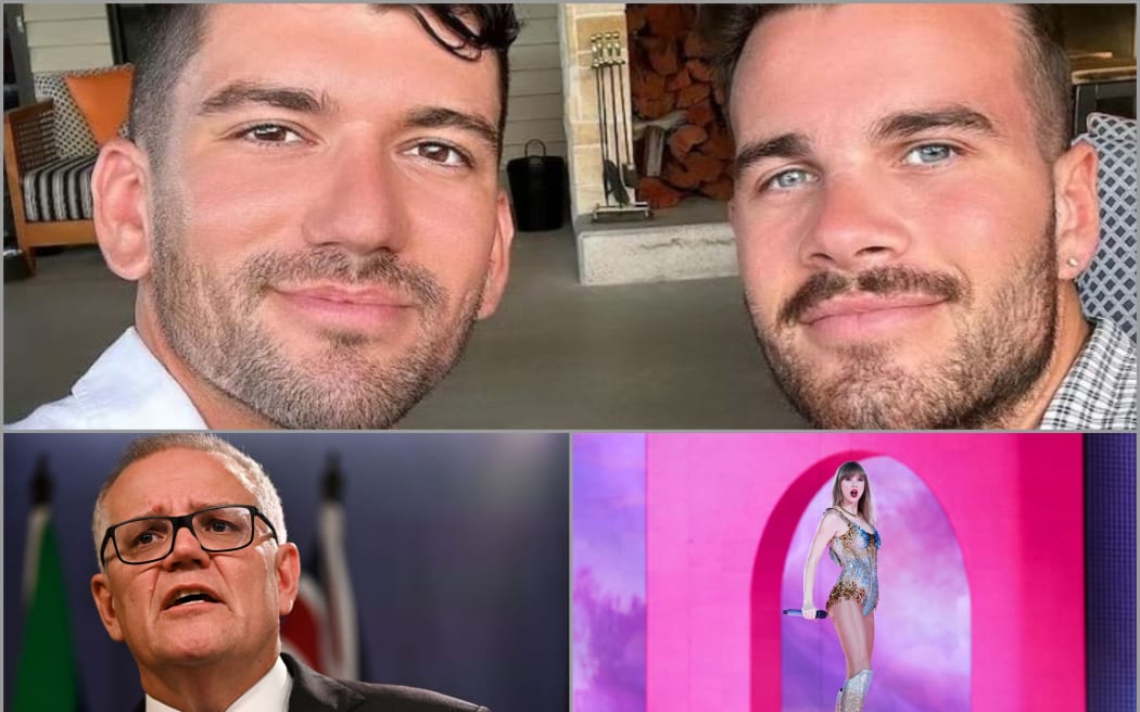 Top: Luke Davies and Jesse Baird. Bottom: Scott Morrison and Taylor Swift.