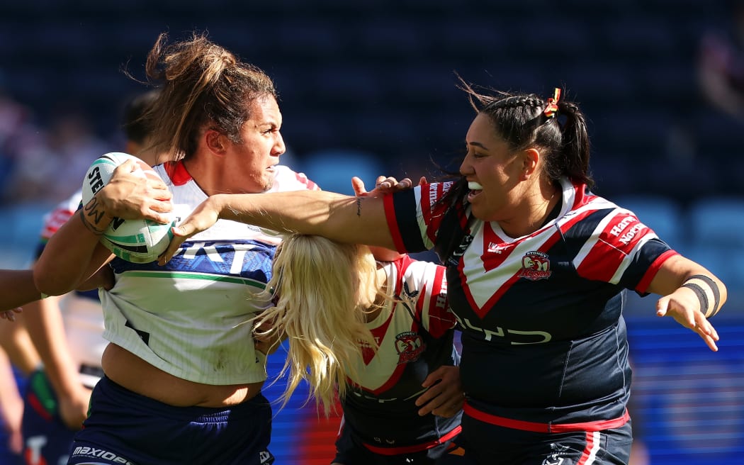 Harata Butler of the Warriors is tackled during the Sydney Roosters Women v NZ Warriors Women in 2025.