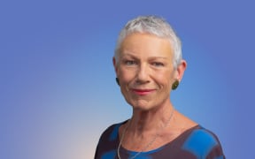 Host Kim Hill on a soft blue background