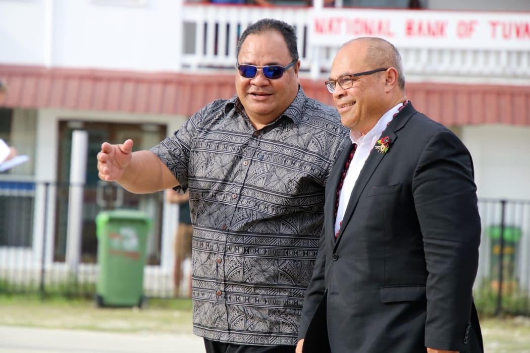 New Zealand's minister for Pacific Peoples, Aupito William Sio (right), arrives in Tuvalu for the Pacific Islands Forum leaders summit. August 2019
