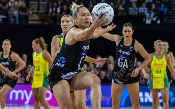 Silver Ferns midcourter Whitney Souness grabs the ball during the opening Constellation Cup win over Australia.