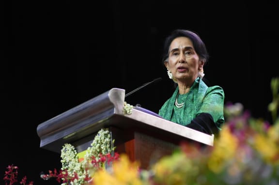 Myanmar State Counsellor Aung San Suu Kyi speaks to the Myanmar Community in Singapore during a meet session on December 1, 2016.