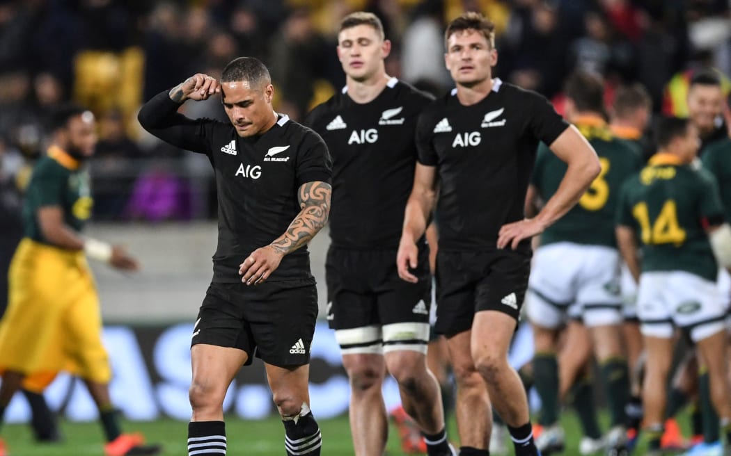 Aaron Smith and team mates show their disappointent at the end of the match after a draw.
All Blacks v South Africa. The Rugby Championship. Westpac Stadium, Wellington, Saturday 27 July 2019.