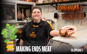 A smiling woman-butcher showing a piece of bacon to a camera. Behind her, there are some more meat products on the shelves. Text on the image reads: “Making ends meat – S6 EPISODE 3”