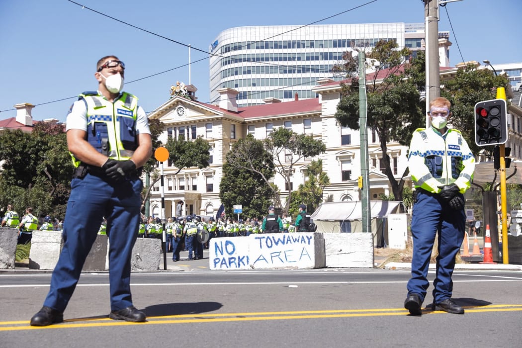 Police at Covid convoy protest - Parliament, Wellington on 24 February 2022.