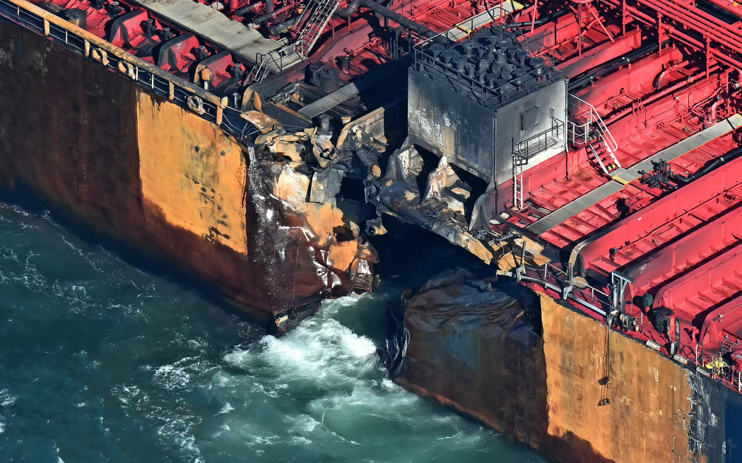 A damaged section of the hull of the MV Stena Immaculate is pictured, as the tanker lays at anchor in the North Sea, off the coast of Withernsea, east of England, on March 11, 2025, after it was hit by the MV Solong container vessel on March 10. There was no "suggestion of foul play" in a North Sea crash in which the container ship MV Solong slammed into a US military chartered tanker, the MV Stena Immaculate, UK Prime Minister Keir Starmer's spokesperson said Tuesday. (Photo by Paul ELLIS / AFP)