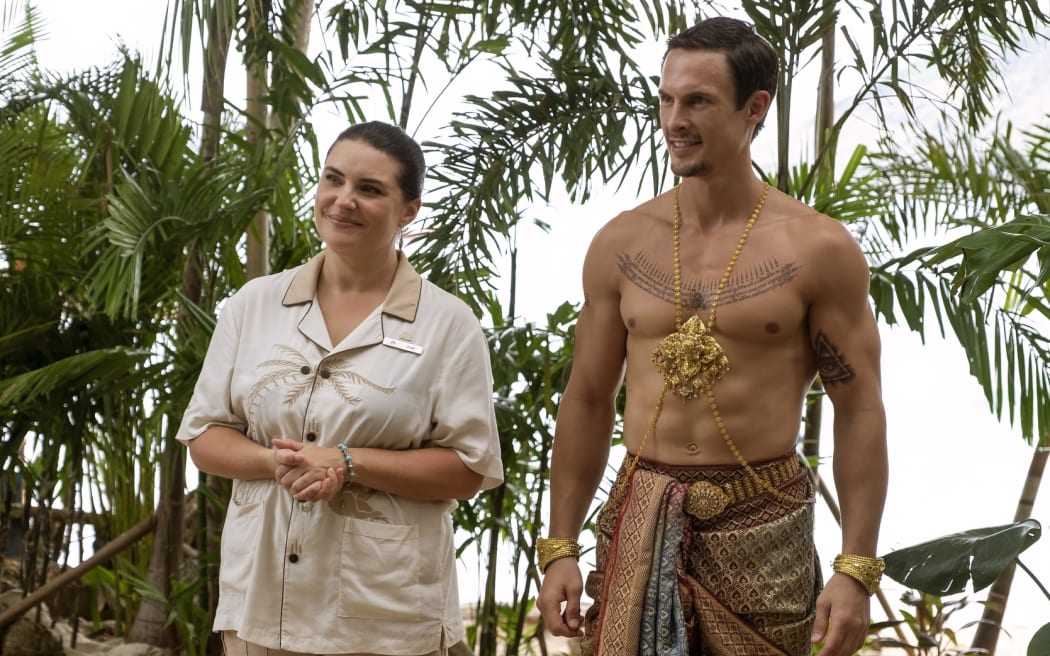 Morgana O'Reilly in character as Pam in The White Lotus season 3.