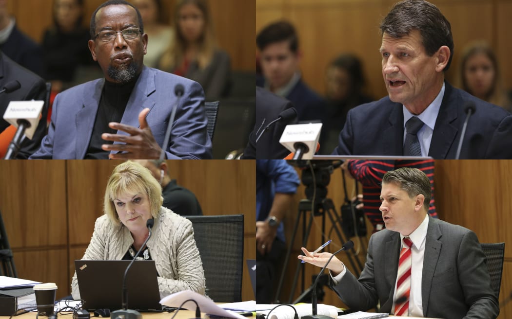 At the select committee hearing on the proposed new gun laws were (clockwise from top left: Federation of Islamic Associations of NZ president Mustafa Farouk; Gun City owner David Tipple; select committe chair Michael Wood and National MP Judith Collins.