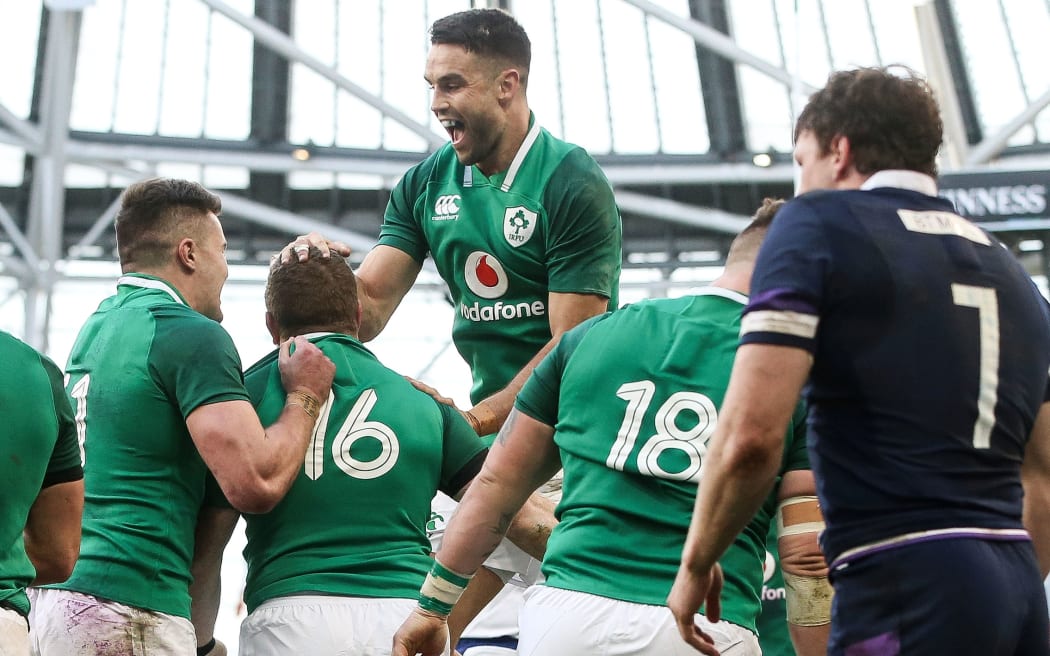 Ireland celebrate scoring against Scotland.