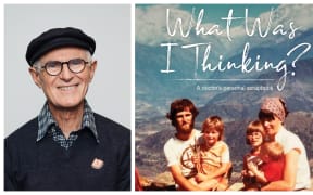 2 images - one a headshot of the author wearing a woollen cap and the cover of his book with an 80's  image of Greg and his wife and children outdoor in Nepal.