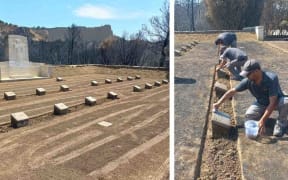 Commonwealth War Graves Commission workers clean a cemetery on the Gallipoli peninsula following a large wildfire.