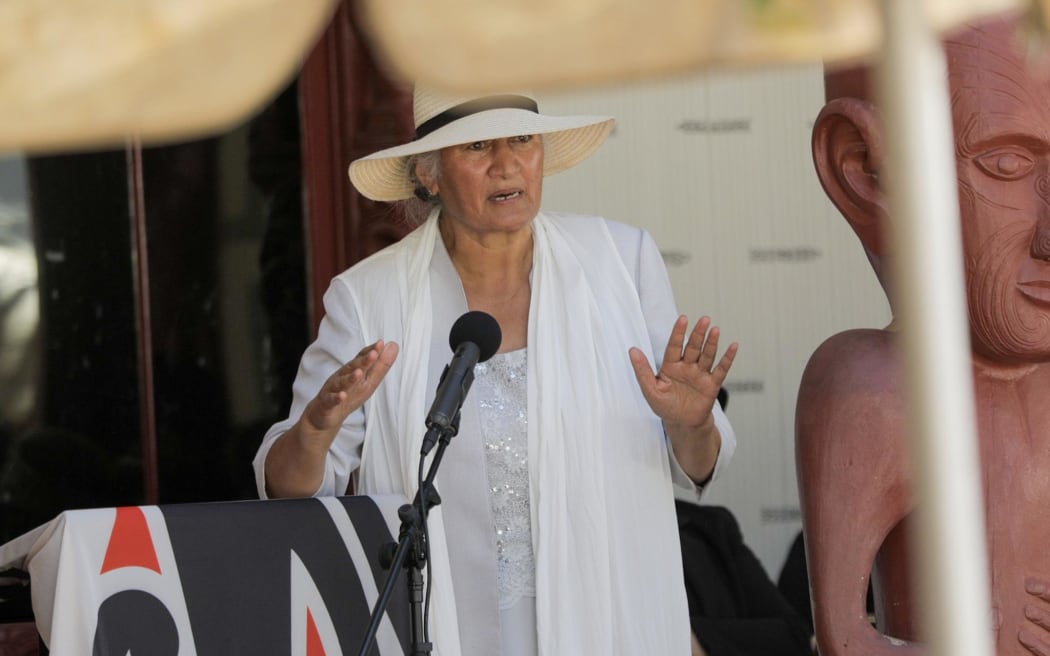 Mere Mangu of Ngāpuhi speaks to the crowd at Waitangi on 5 February.