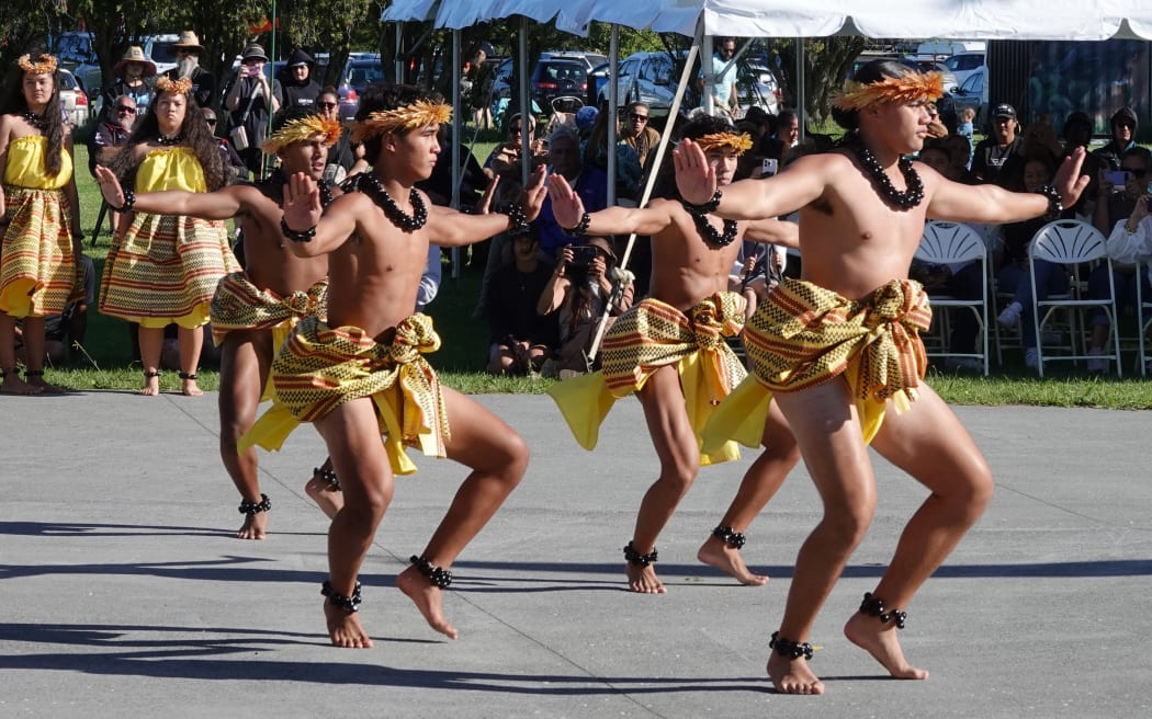 Kamehameha Schools dancers perform during the welcoming ceremony at Te Tii Marae.