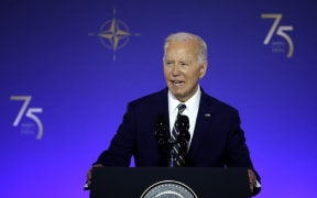 WASHINGTON, DC - JULY 09: U.S. President Joe Biden delivers remarks during the NATO 75th anniversary celebratory event at the Andrew Mellon Auditorium on July 9, 2024 in Washington, DC. NATO leaders convene in Washington this week for its annual summit to discuss future strategies and commitments and mark the 75th anniversary of the alliance’s founding.   Kevin Dietsch/Getty Images/AFP (Photo by Kevin Dietsch / GETTY IMAGES NORTH AMERICA / Getty Images via AFP)