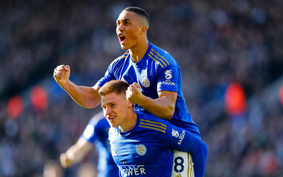 Harvey Barnes and Youri Tielemans of Leicester City celebrate.