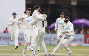 New Zealand players celebrates the wicket Sarfaraz Khan of India   during day 2 of the 1st Test Match between India and New Zealand held at the M.Chinnaswamy Stadium, Bengaluru, India on the 17th October 2024

Photo by Vipin Pawar/ Sportzpics for BCCI