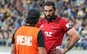 Sam Whitelock is assessed after suffering a head knock against the Hurricanes.