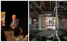 David Chandler, left, speaking to the NZ Institute of Building conference in March. He also visited the failed Ridge Apartments (right) while in Auckland.