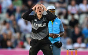 Amelia Kerr of New Zealand reacts.