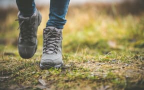 feet in shoes walking on a forest path