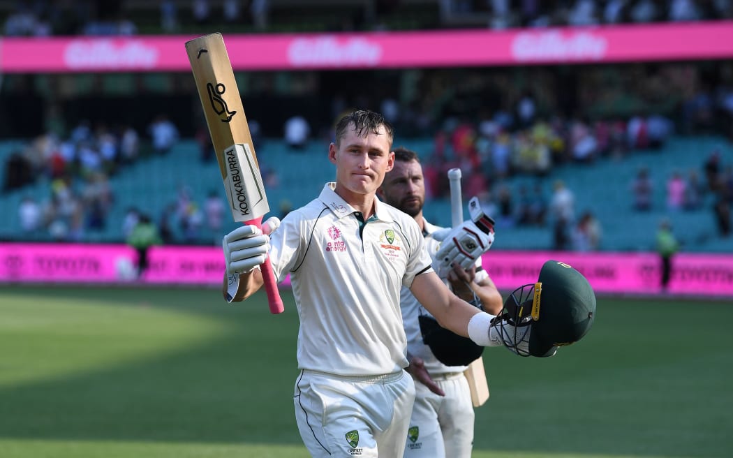 Australia's Marnus Labuschagne on 130 at the end of play on day 1 of the third cricket test match against New Zealand.