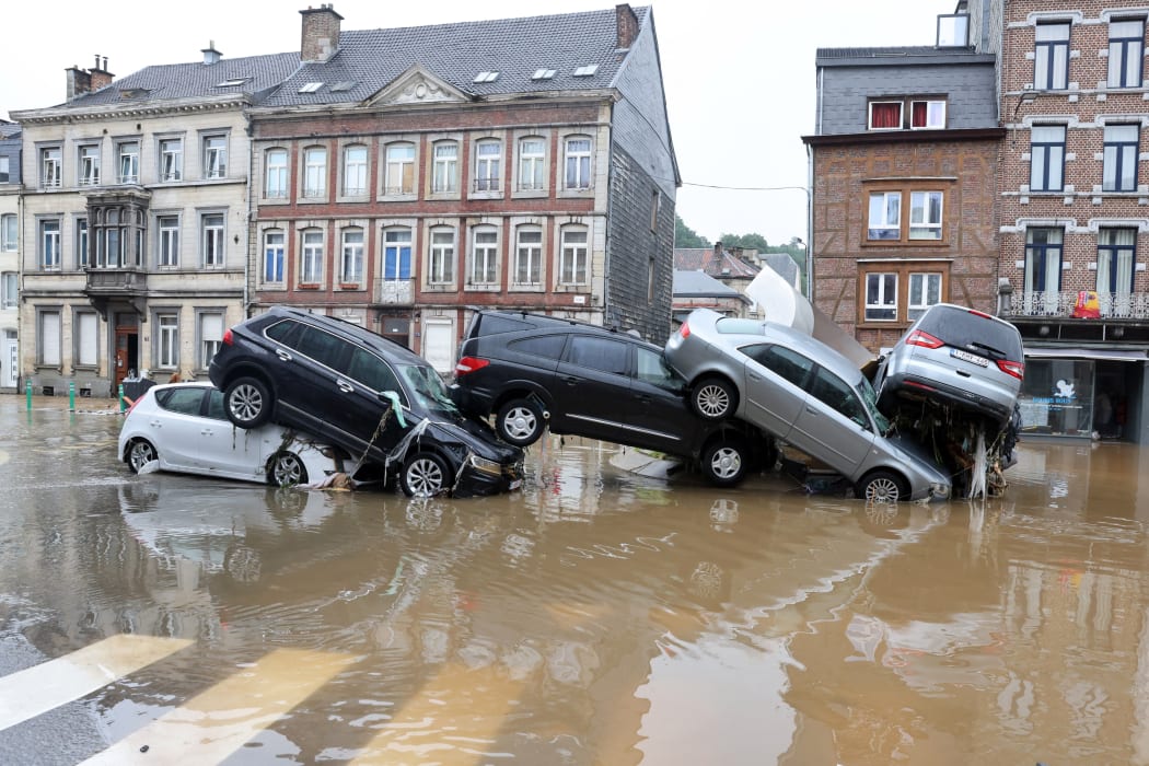 Cars piled up in floodwater in in the Belgian city of Verviers, 15 July 2021.