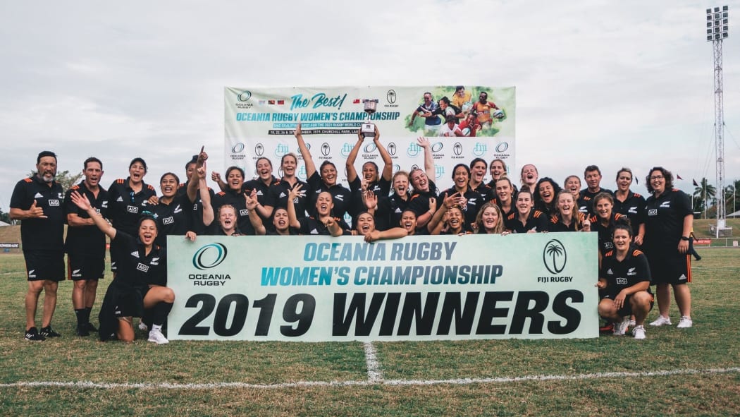 The Black Ferns Development team celebrate winning the 2019 Oceania Rugby Women's Championship.