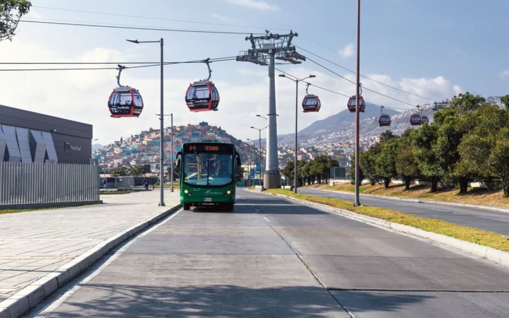 An image of a cable car crossing a road above a bus.