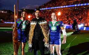 Co-captains James Fisher-Harris and Mitchell Barnett of the Warriors with former captain Tohu Harris.