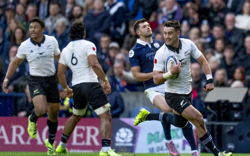 Will Jordan scores a try during the Scotland v All Blacks match, Scottish Gas Murrayfield Stadium, Edinburgh.