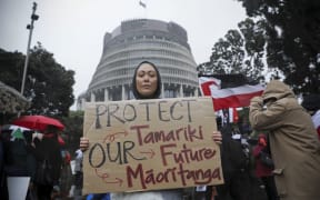 Sarah Taiapa at the Oranga Tamariki protest at Parliament today.