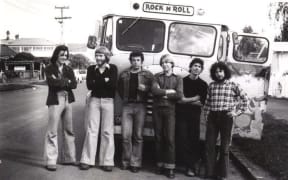 Rough Justice on their first trip to Auckland in 1977. Left to right: Steve Jessup, Peter Kennedy, Rick Bryant, Simon Page, Nick Bollinger, Martin Highland -