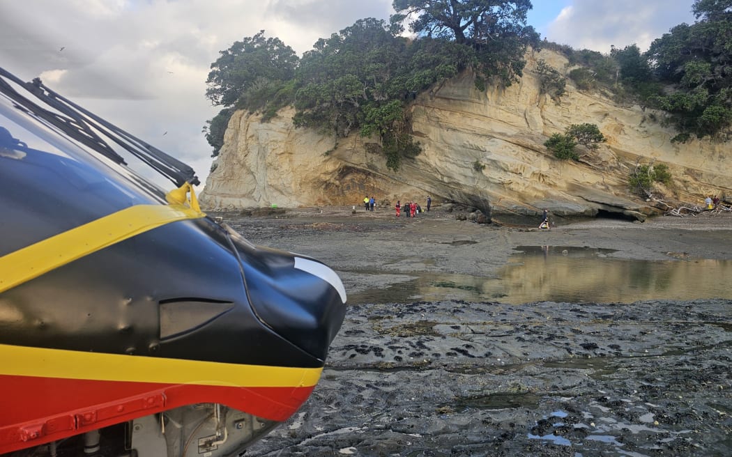 A rescue helicopter landed on rocks near the base of the cliff and flew the injured woman to Auckland City Hospital.