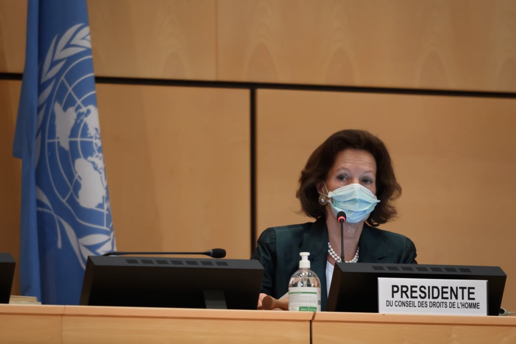 The president of the Human Rights Council, Austrian Ambassador Elisabeth Tichy-Fisslberger, wearing a protective face mask during a UN Human Rights Council session on June 15, 2020 in Geneva.