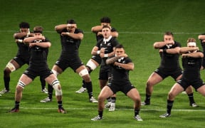 TJ Perenara, centre, leads the All Blacks haka ahead of their rugby test against Italy in Turin. November 2024.