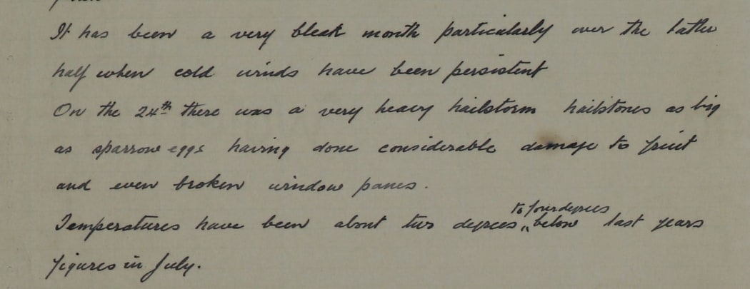 Weather records from Kerikeri, June 1939 - one sentence reads "hailstones as big as sparrows' eggs."