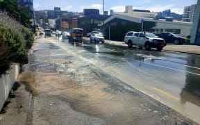 A water leak on Vivian Street in central Wellington forced traffic to be single file on 17 October 2024.