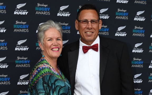 Buck Shelford and wife Joanne arrive on the red carpet for the Steinlager Rugby Awards. Viaduct Events Centre. Auckland. Thursday 11 December 2014.