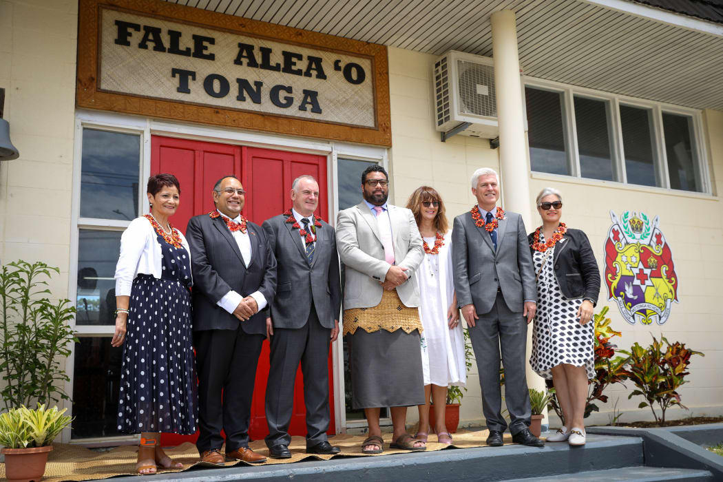 The New Zealand delegation at Tonga's temporary Legislative Assembly. From left to right, Jo Hayes, Adrian Rurawhe, Trevor Mallard, Tonga Parliament's Speaker Lord Fakafanua, New Zealand's High Commissioner to Tonga Tiffany Babington, Tim MacIndoe, Harete Hipango.