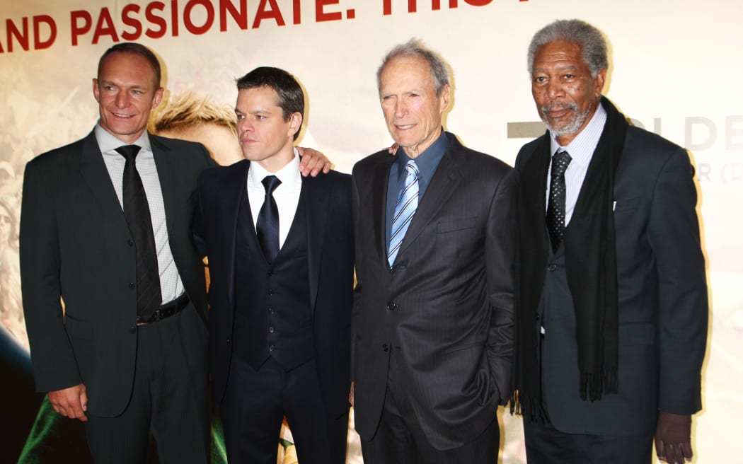 Francois Pienaar, Matt Damon, Clint Eastwood and Morgan Freeman attend the UK premiere of Invictus, the movie made about the 1995 Rugby World Cup.