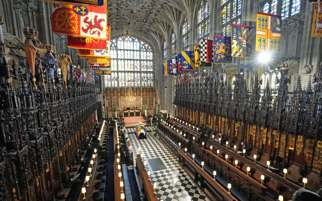 Members of the Royal family attend the funeral service of Prince Philip, Duke of Edinburgh inside St George's Chapel in Windsor Castle in Windsor, west of London, on April 17, 2021.