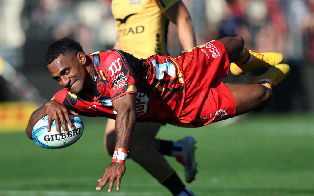 Sevu Reece scores a try during the Crusaders v Force, Super Rugby Pacific match, Apollo Projects Stadium, Christchurch.