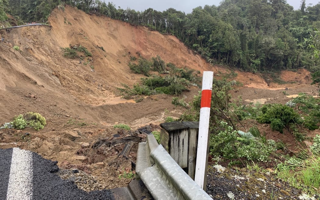The landslide that sliced through SH25A in the Coromandel, pictured on 2 February 2023 after more land slipped down the hillside.