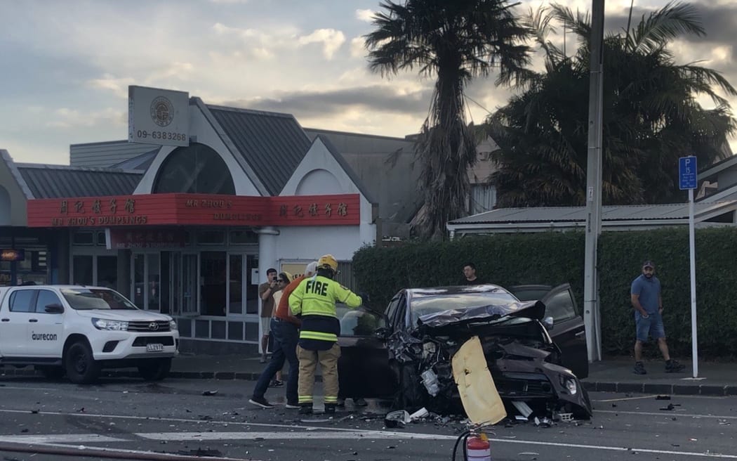The scene of a major car crash on Mt Eden Road in Auckland.