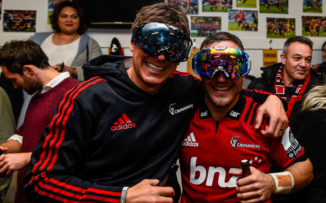 Brad Mooar and Mitchell Hunt celebrate winning the Super Rugby Final, 2019.