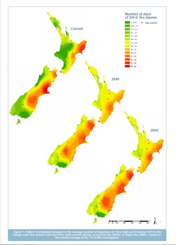 This graphic shows the expected number of fire days across the country from 2011 to the 2090s.